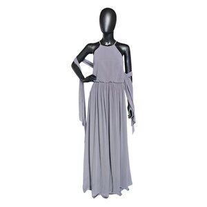 Grey Chiffon Gathered Waist Halter Formal Gown - Donna Morgan